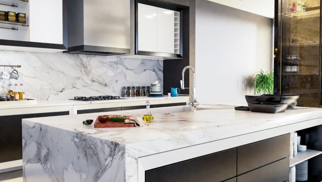 A modern kitchen with sleek marble countertops
