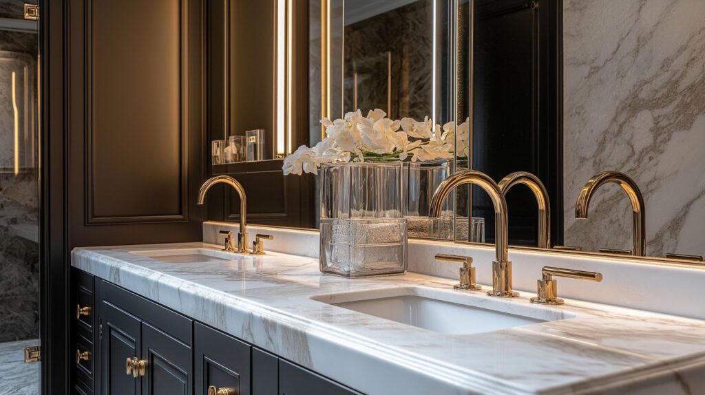A luxurious bathroom with a marble countertop, double sinks, gold faucets, and white flowers in a glass vase.