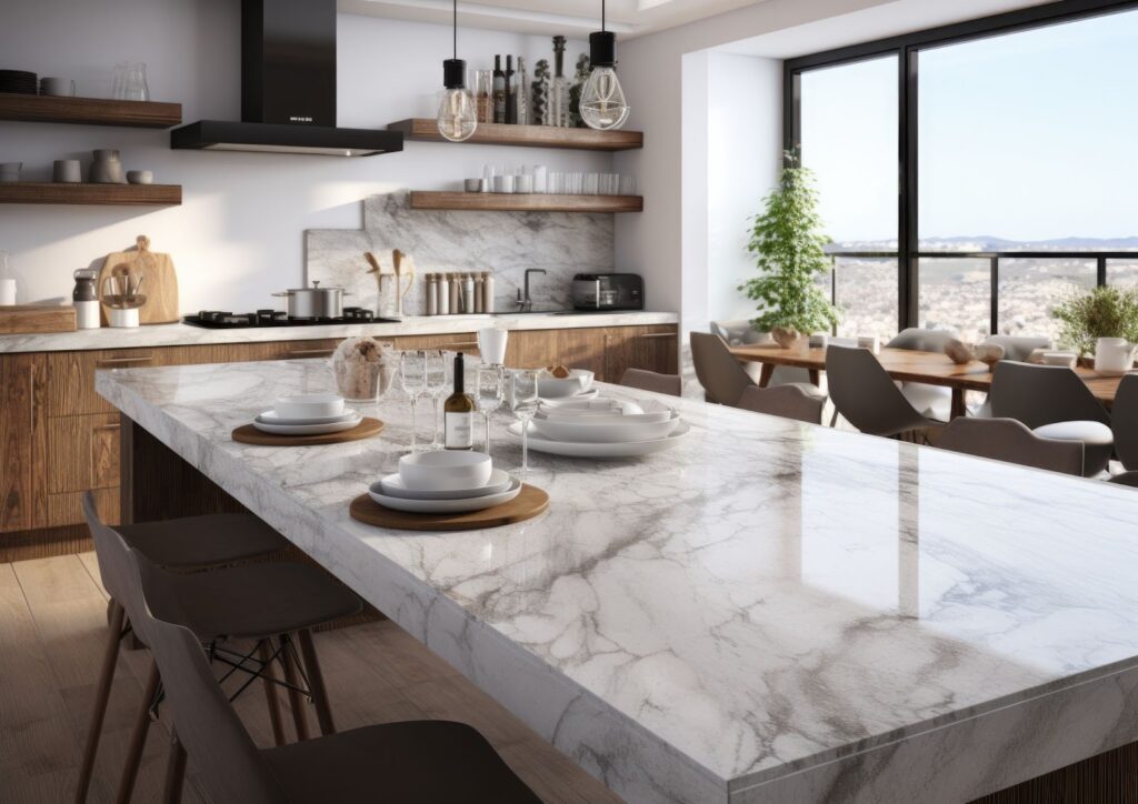 A modern kitchen with a marble island set for dining, wooden cabinets, and large windows with a city view.