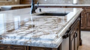 A polished marble kitchen countertop with a sink and wooden cabinets in a modern kitchen.