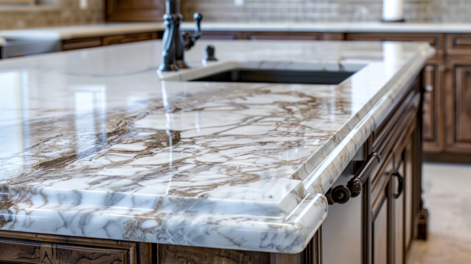 A polished marble kitchen countertop with a sink and wooden cabinets in a modern kitchen.