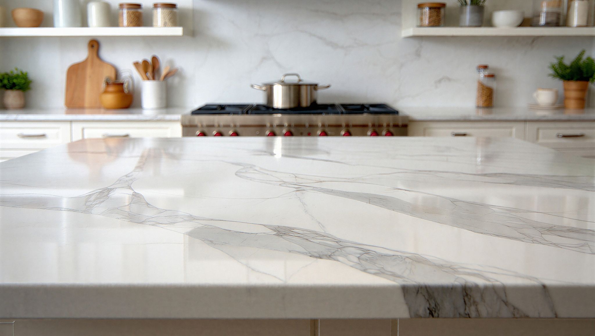 Spacious white marble kitchen island with grey veining in a modern kitchen featuring a stainless steel gas range and open shelving.